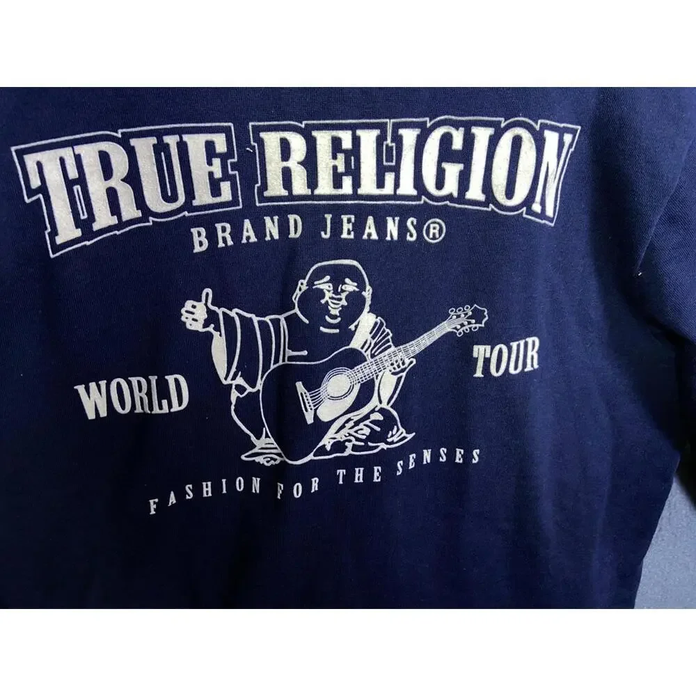 True Religion USA Blue Navy Full Zip Big Buddha Logo Hoodie Large Streetwear EUC